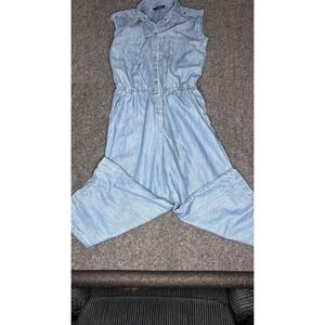 SPENSE Womens Denim Sleeveless Collared Jumpsuit Wide Leg Elastic Waist‎